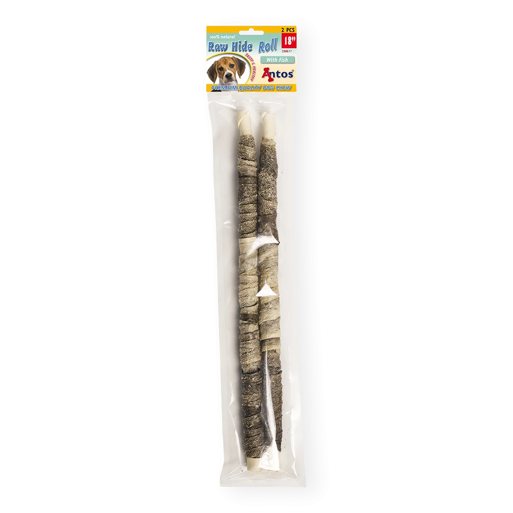 Raw Hide White + Fish Roll 18" 2 stuks